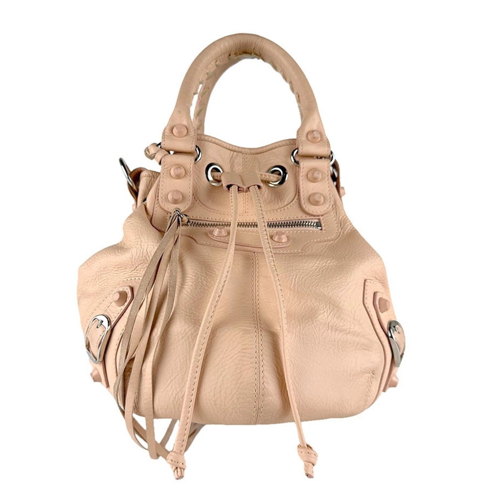 Balenciaga 2way Shoulder Bag Pom Leather Pink Beige Cream Silver